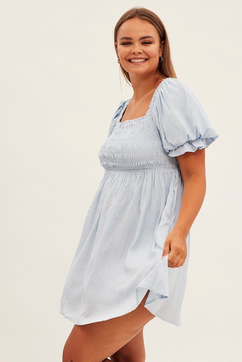 Blue Fit and Flare Dress Short Sleeve Shirred for YouandAll Fashion