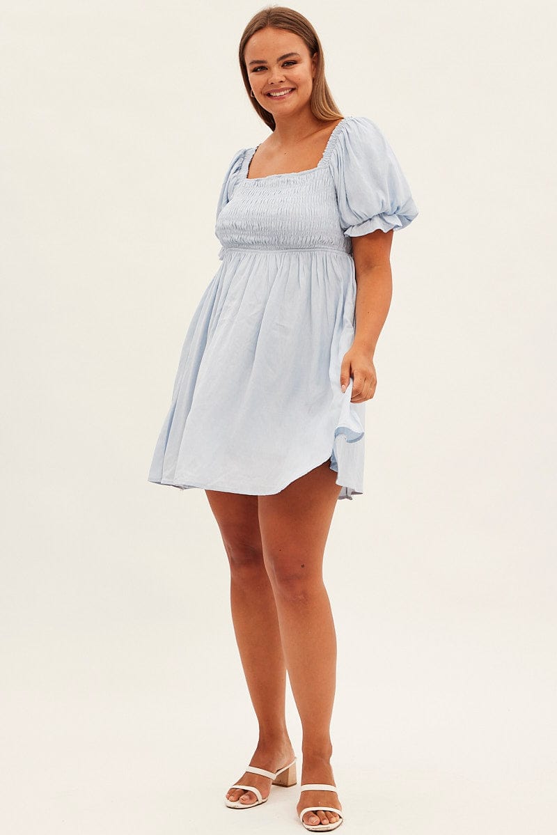 Blue Fit and Flare Dress Short Sleeve Shirred for YouandAll Fashion