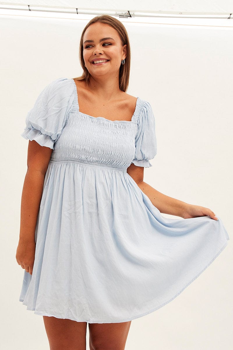 Blue Fit and Flare Dress Short Sleeve Shirred for YouandAll Fashion