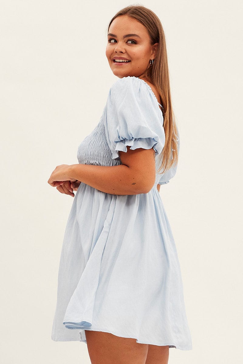 Blue Fit and Flare Dress Short Sleeve Shirred for YouandAll Fashion