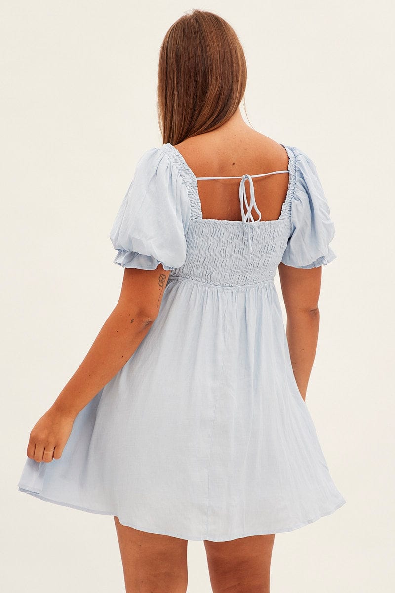 Blue Fit and Flare Dress Short Sleeve Shirred for YouandAll Fashion