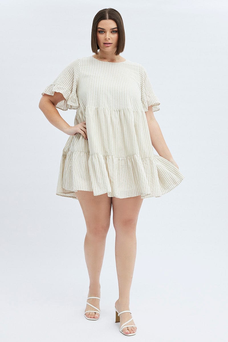 Camel Stripe Smock Dress Short Sleeve Tiered You All