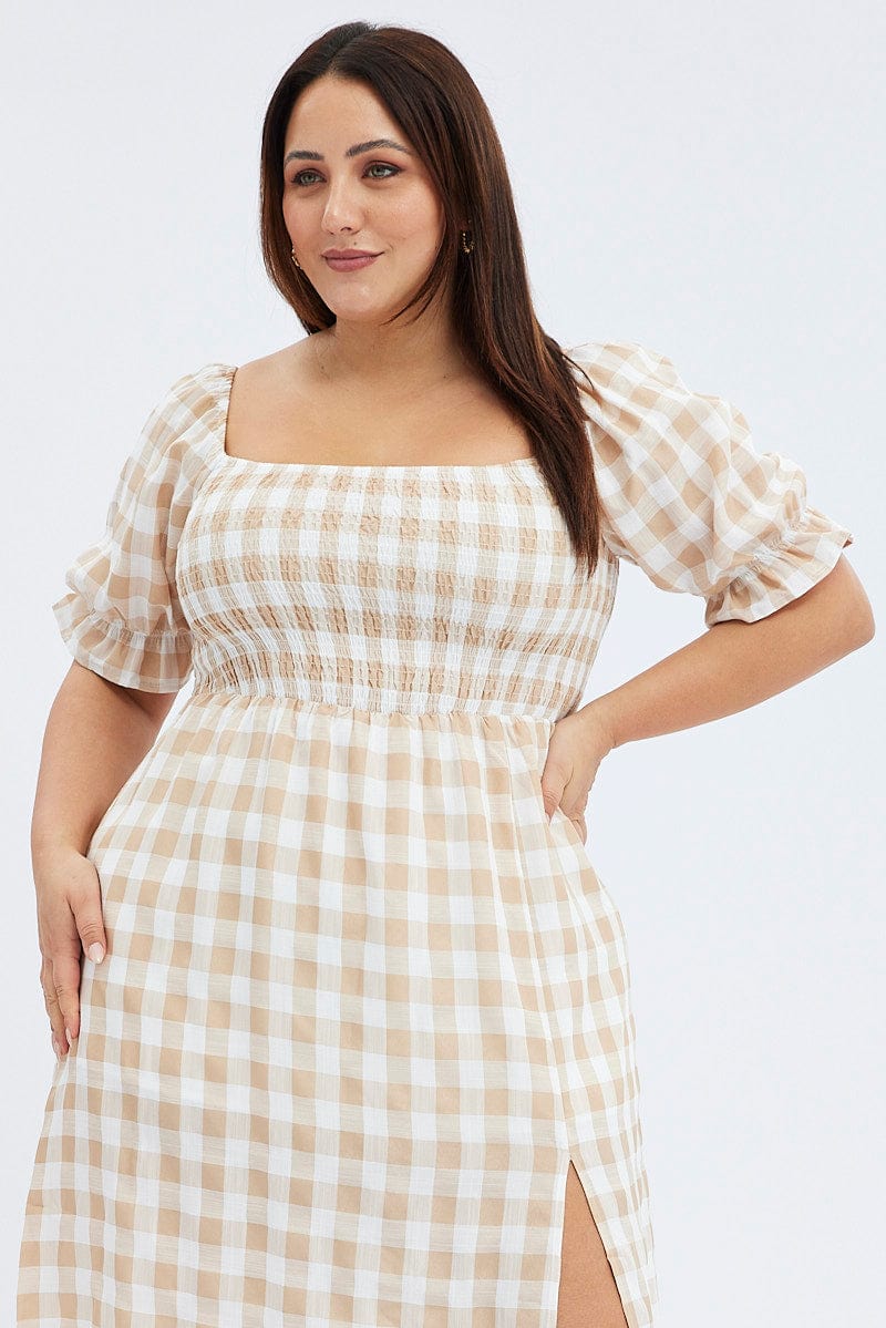 Nude Check Midi Dress Split Front Large Gingham Check for YouandAll Fashion