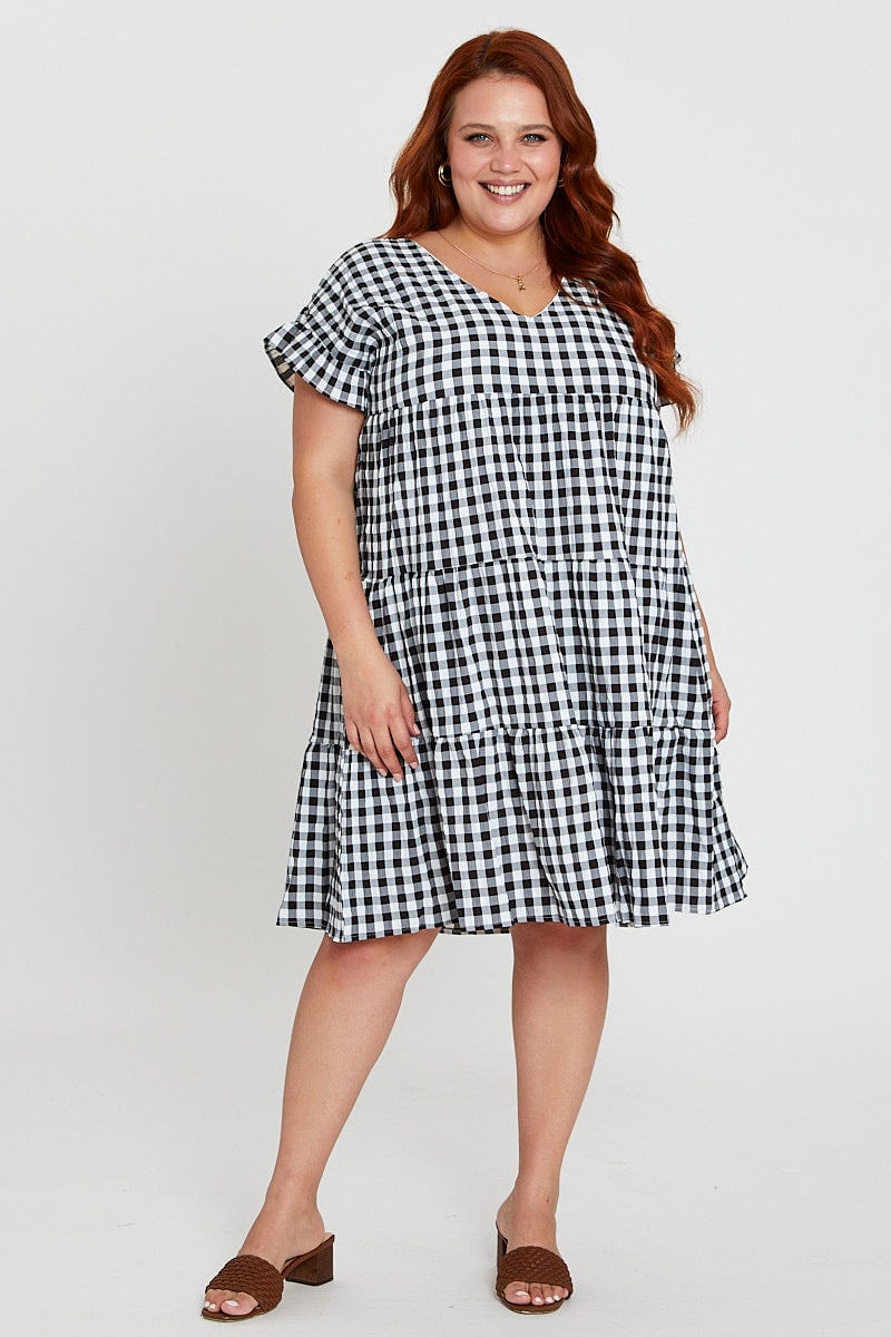Check Skater Dress V-Neck Short Sleeve For Women By You And All