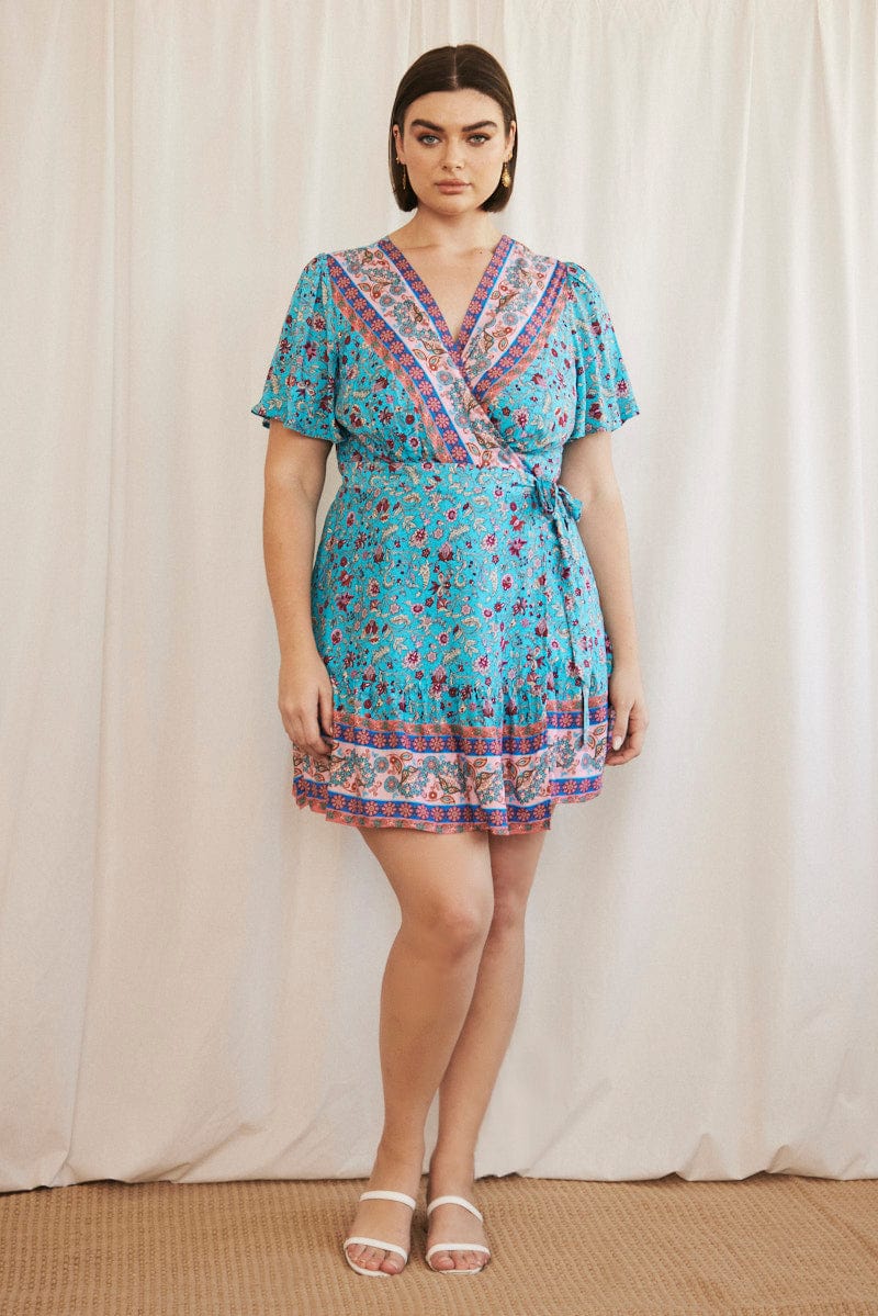 Blue Boho Wrap Dress Short Sleeve V-neck