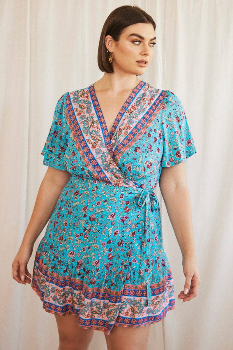 Blue Boho Wrap Dress Short Sleeve V Neck for YouandAll Fashion