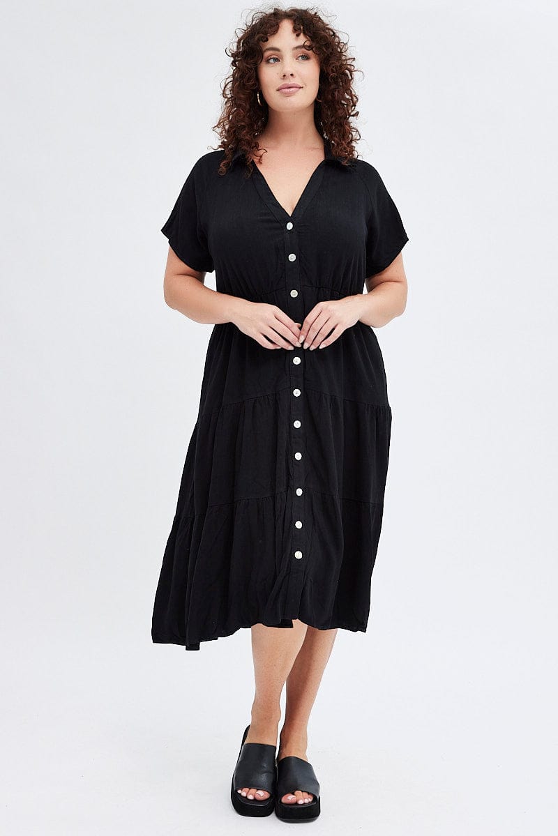 Black Shirtdress Midi Button Linen Blend Short Sleeve for YouandAll Fashion