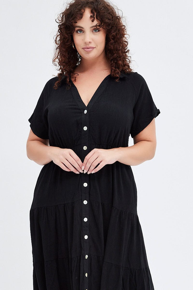 Black Shirtdress Midi Button Linen Blend Short Sleeve for YouandAll Fashion