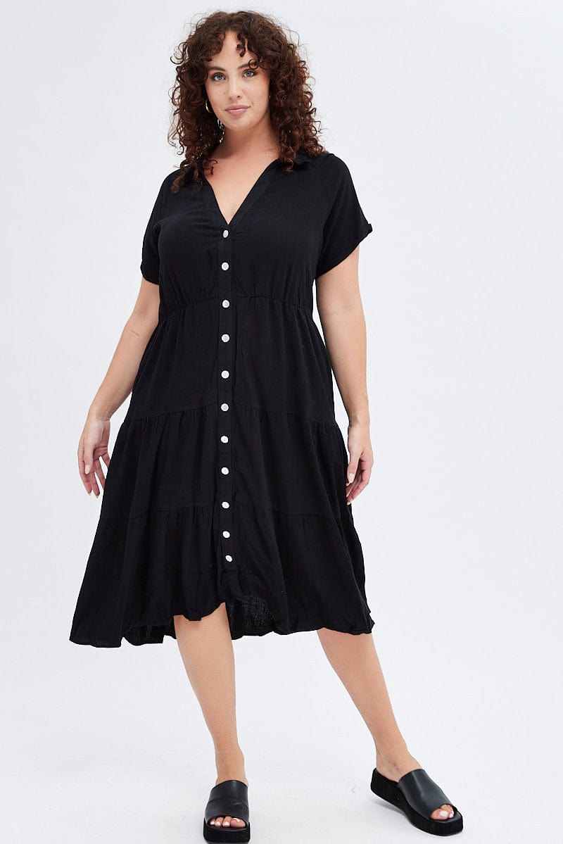 Black Shirtdress Midi Button Linen Blend Short Sleeve | You & All