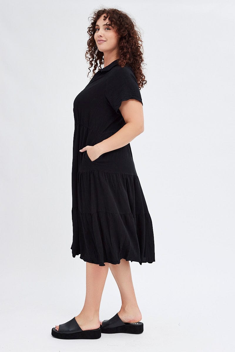 Black Shirtdress Midi Button Linen Blend Short Sleeve for YouandAll Fashion