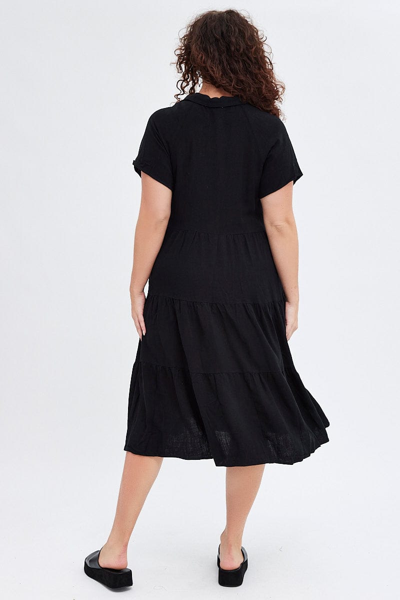 Black Shirtdress Midi Button Linen Blend Short Sleeve for YouandAll Fashion