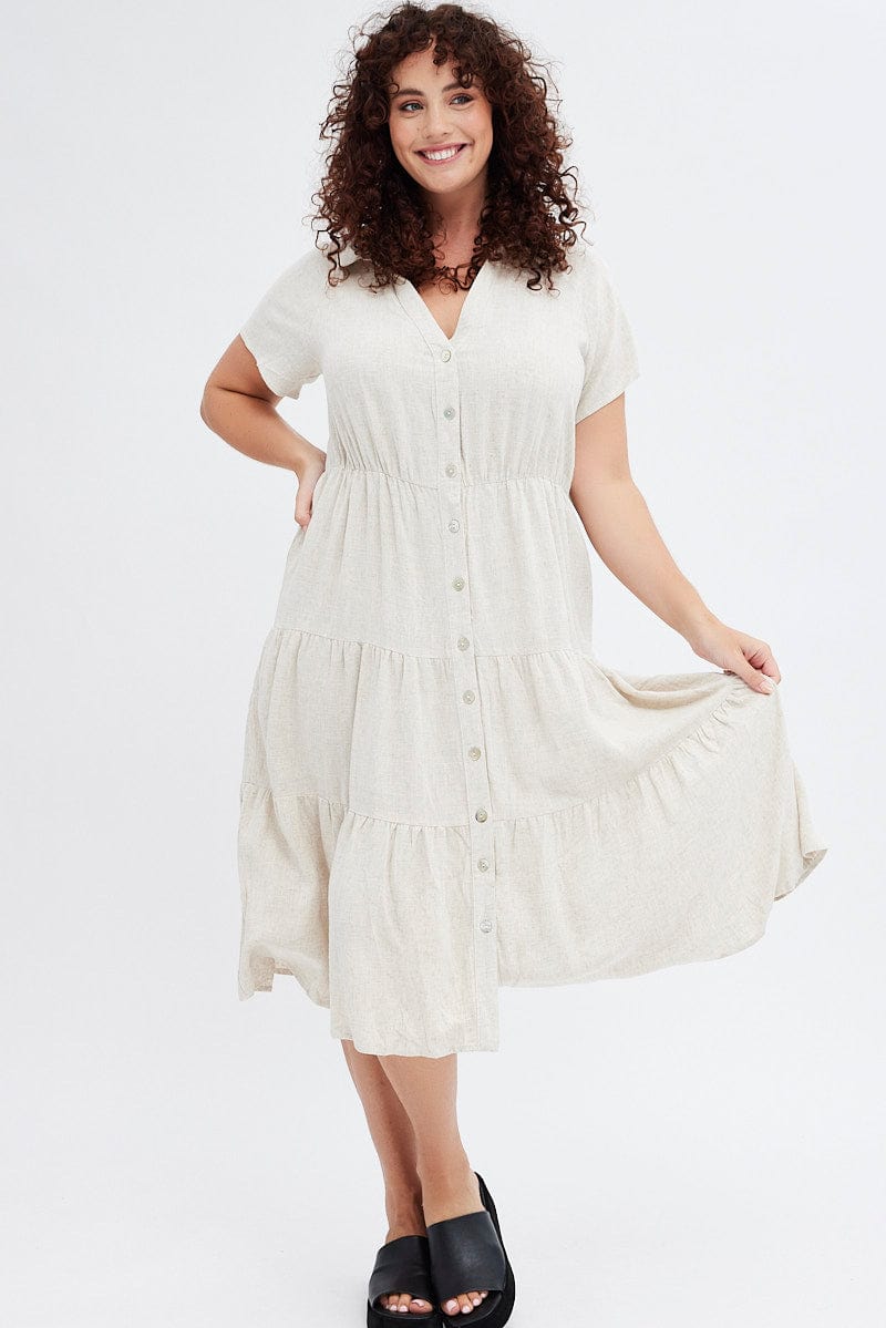 Beige Shirtdress Midi Button Linen Blend Short Sleeve for YouandAll Fashion