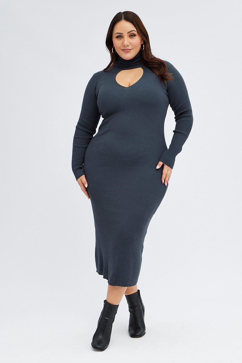 Grey Knit Dress Long Sleeve High Neck Cut Out | You & All