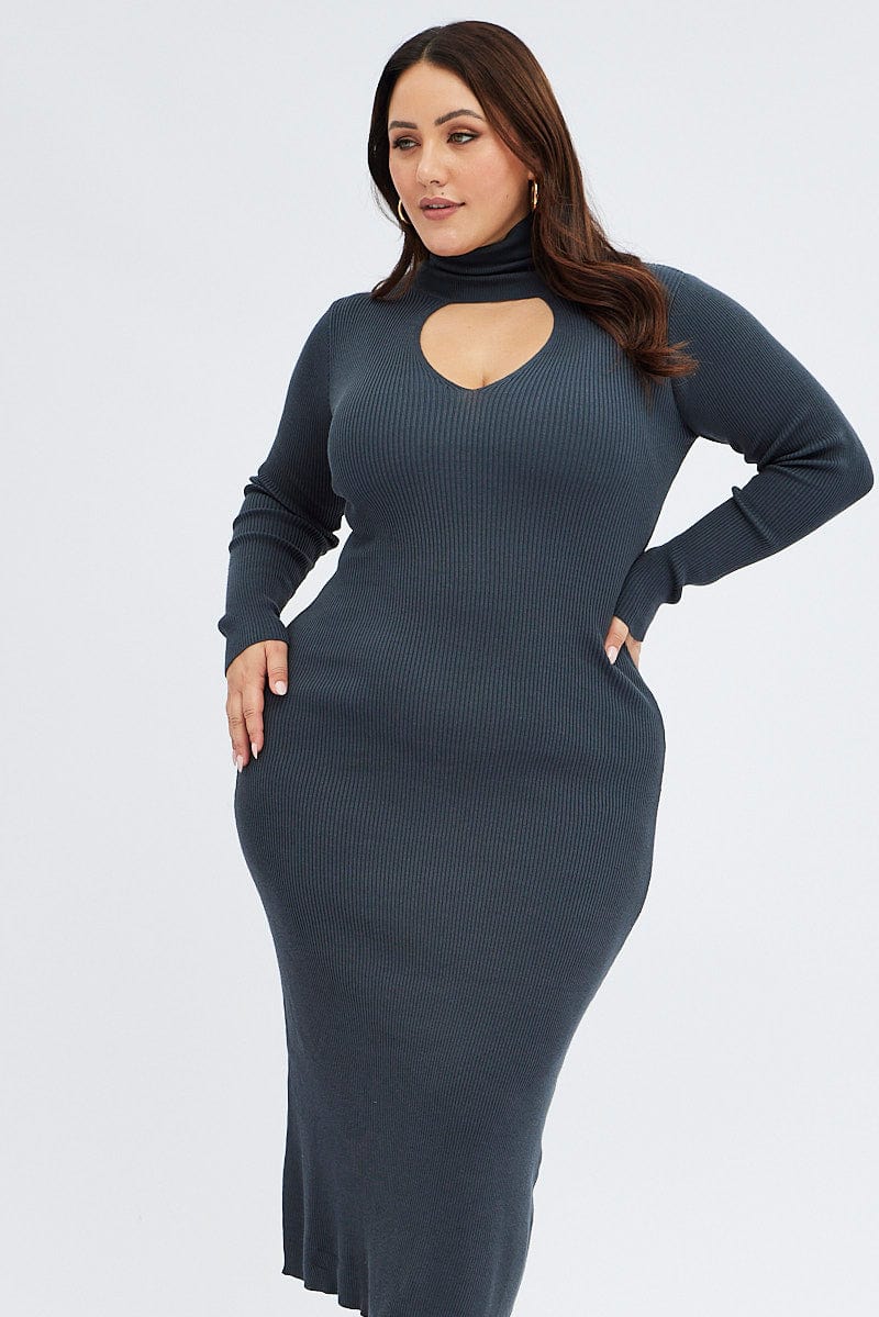 Grey Knit Dress Long Sleeve High Neck Cut Out | You & All