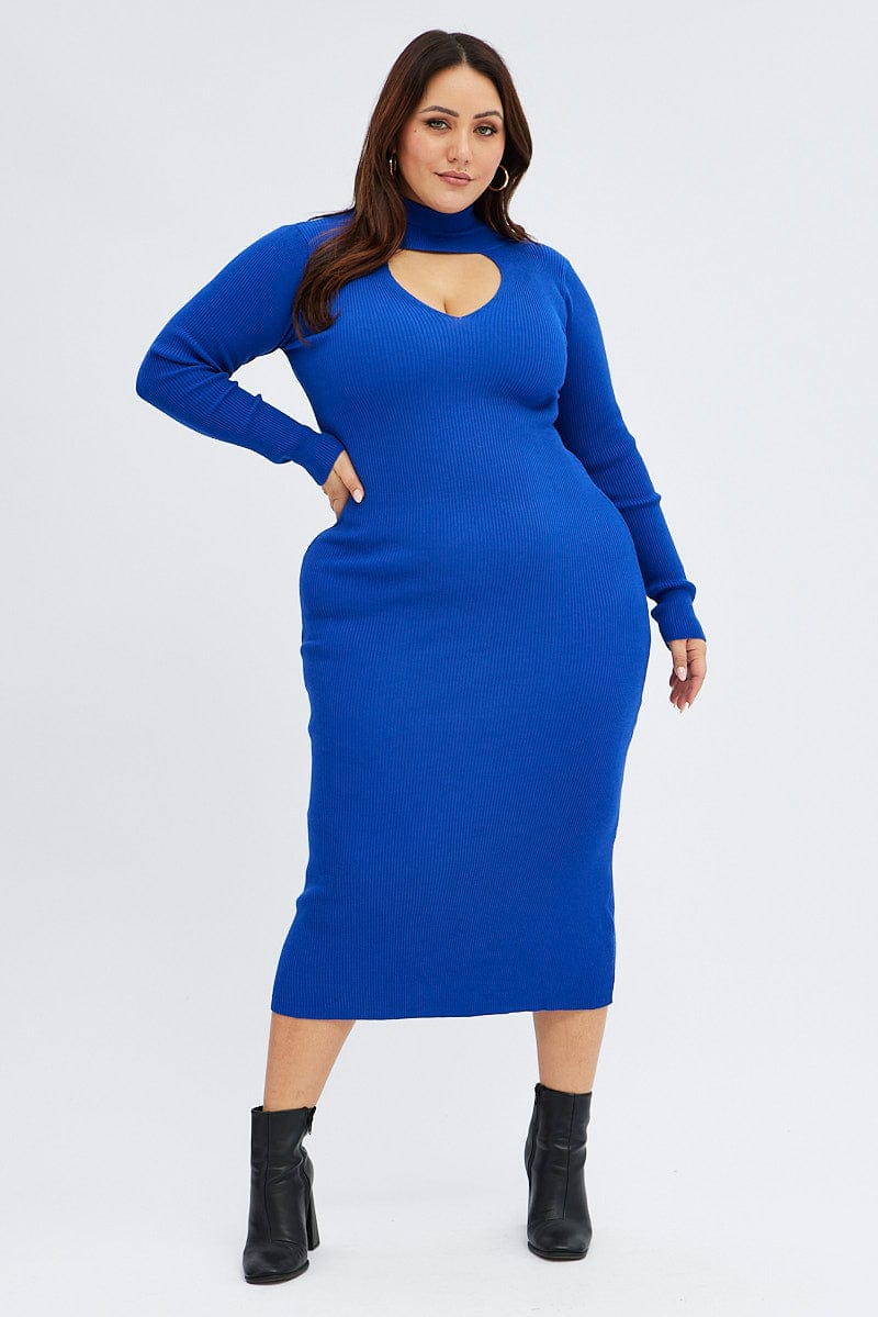 Blue Knit Dress Long Sleeve High Neck Cut Out for YouandAll Fashion