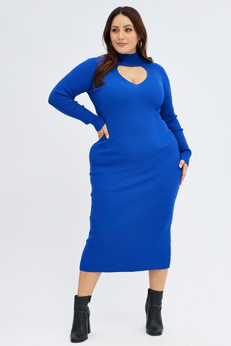 Blue Knit Dress Long Sleeve High Neck Cut Out for YouandAll Fashion