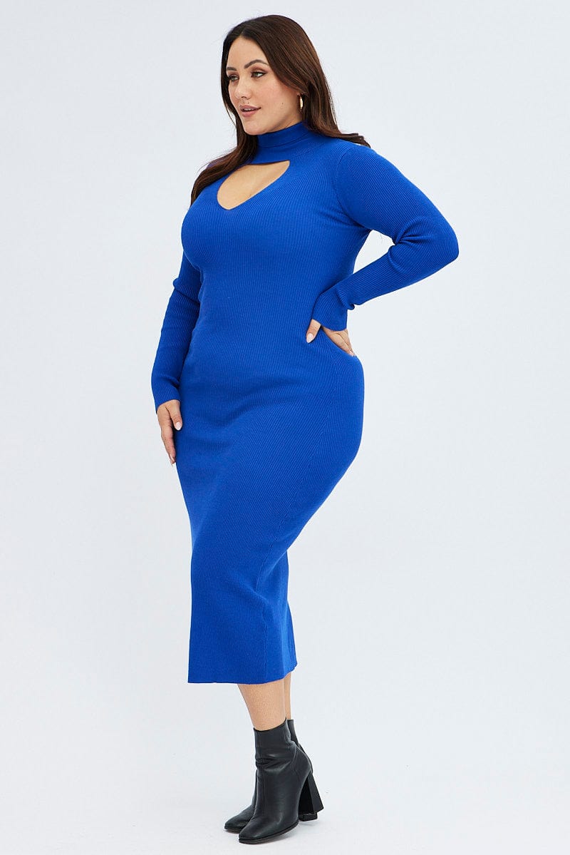 Blue Knit Dress Long Sleeve High Neck Cut Out for YouandAll Fashion