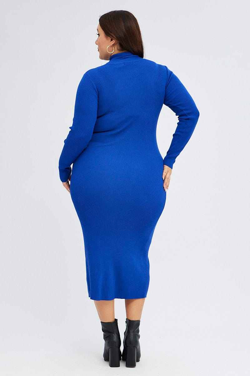 Blue Knit Dress Long Sleeve High Neck Cut Out