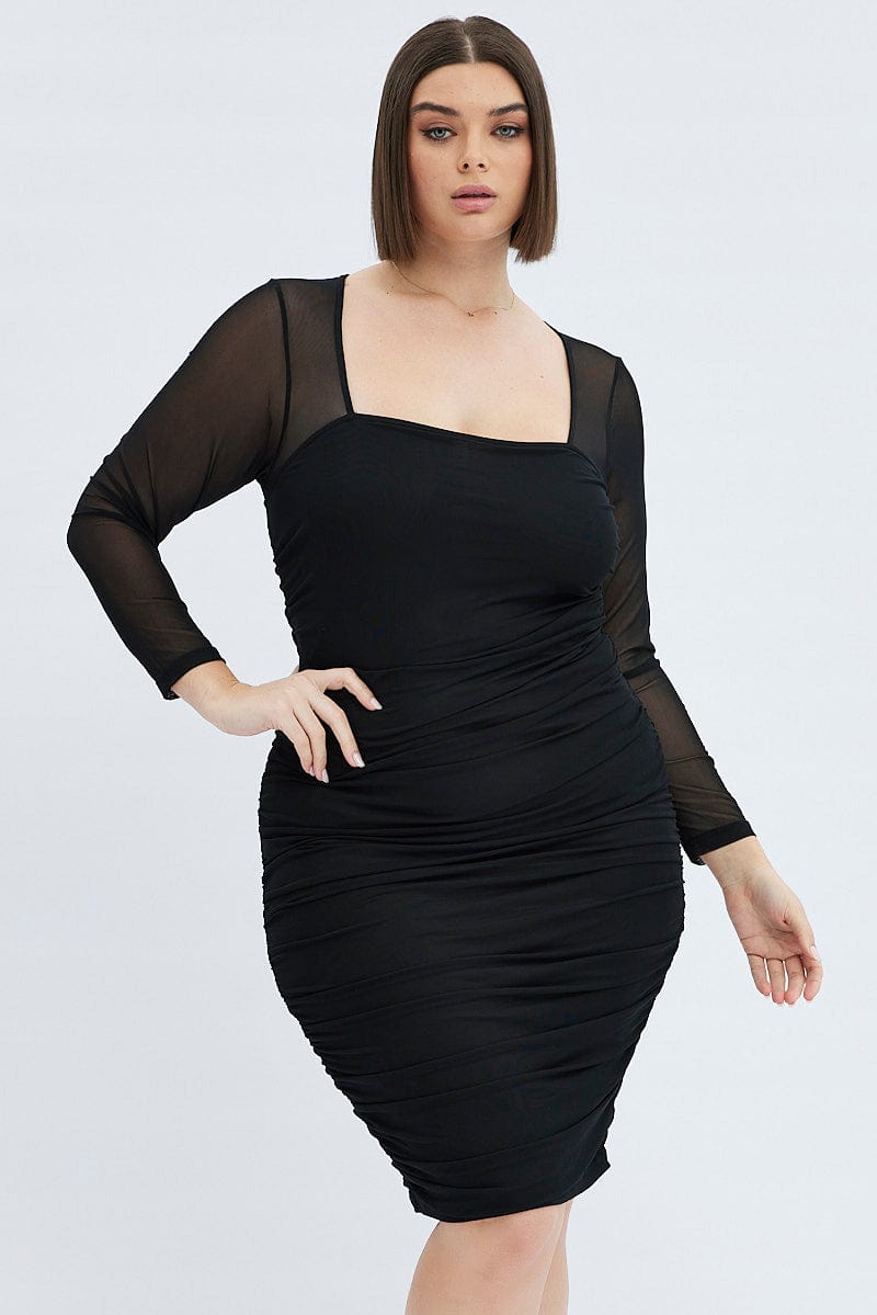 Black Bodycon Dress Long Sleeve Ruched Mesh for YouandAll Fashion
