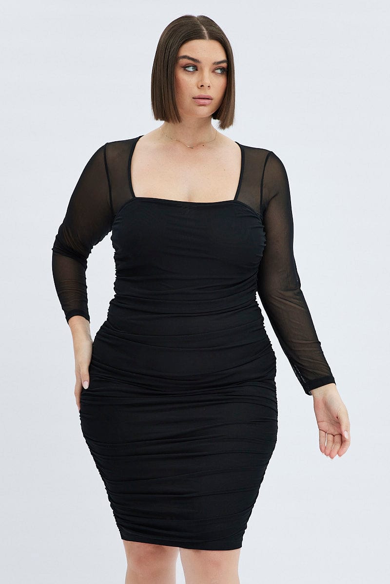 Mesh Long Sleeve Ruched Bodycon in Black