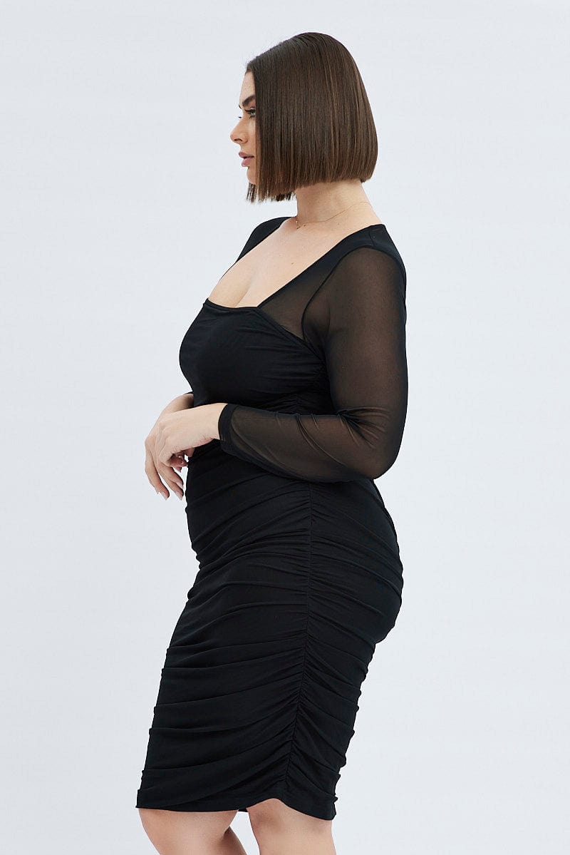 Black Bodycon Dress Long Sleeve Ruched Mesh | You & All Black Bodycon Dress Long Sleeve Ruched Mesh | You & All