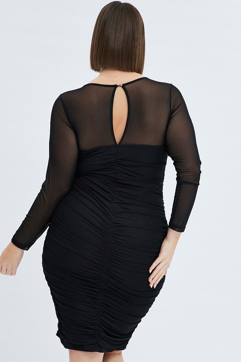 Black Bodycon Dress Long Sleeve Ruched Mesh | You & All Black Bodycon Dress Long Sleeve Ruched Mesh | You & All