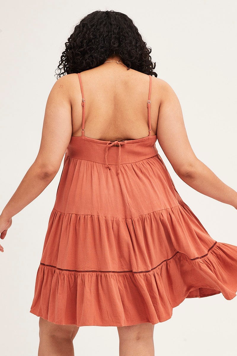 Plus Size Brown Sleeveless Linen Blend Tiered Swing Dress |You + All | Shop Online | You & All Plus Size Brown Sleeveless Linen Blend Tiered Swing Dress |You + All | Shop Online | You & All