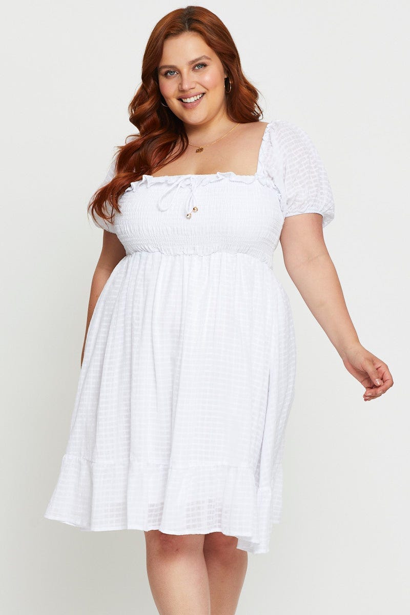 White Plus Textured Shirred Skater Dress For Women By You And All