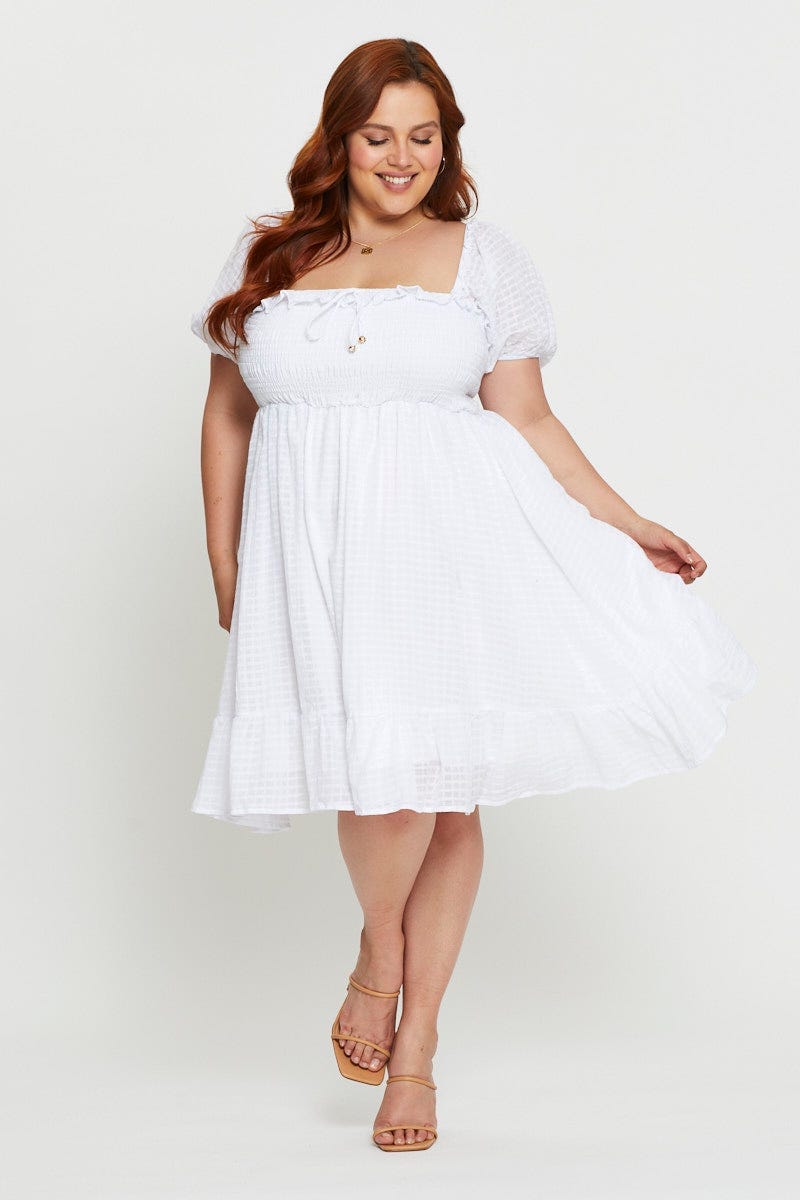 White Plus Textured Shirred Skater Dress For Women By You And All