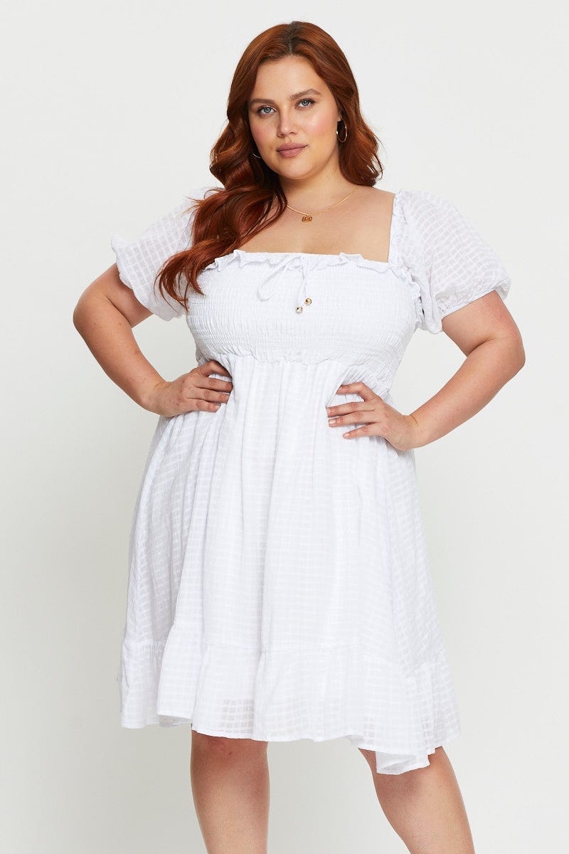 White Plus Textured Shirred Skater Dress For Women By You And All