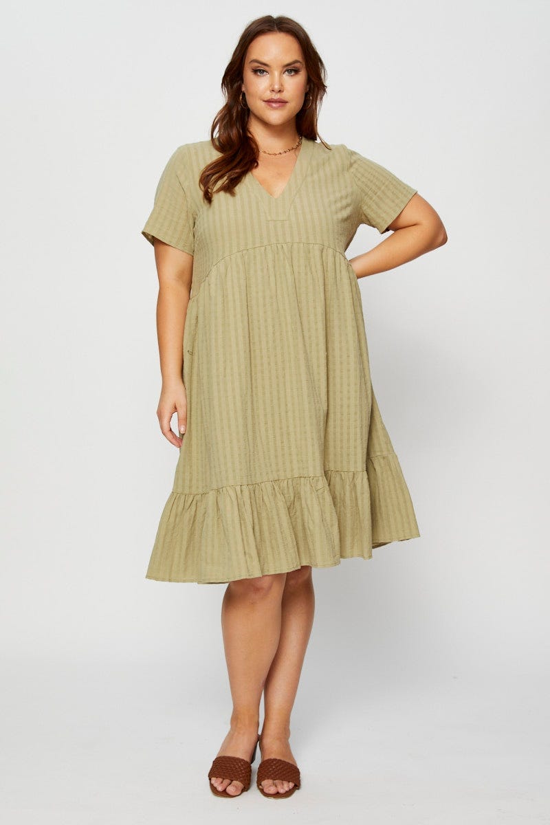 Green Skater Dress V-Neck Short Sleeve For Women By You And All