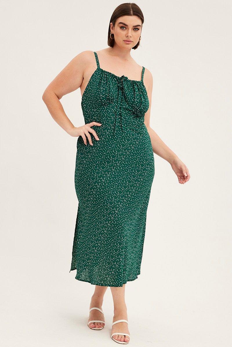 Green Polka Dot Midi Dress Sleeveless Ruched Bust for YouandAll Fashion