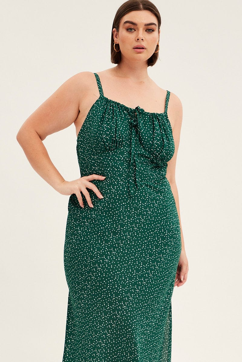 Green Polka Dot Midi Dress Sleeveless Ruched Bust for YouandAll Fashion