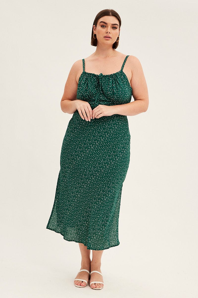 Green Polka Dot Midi Dress Sleeveless Ruched Bust for YouandAll Fashion