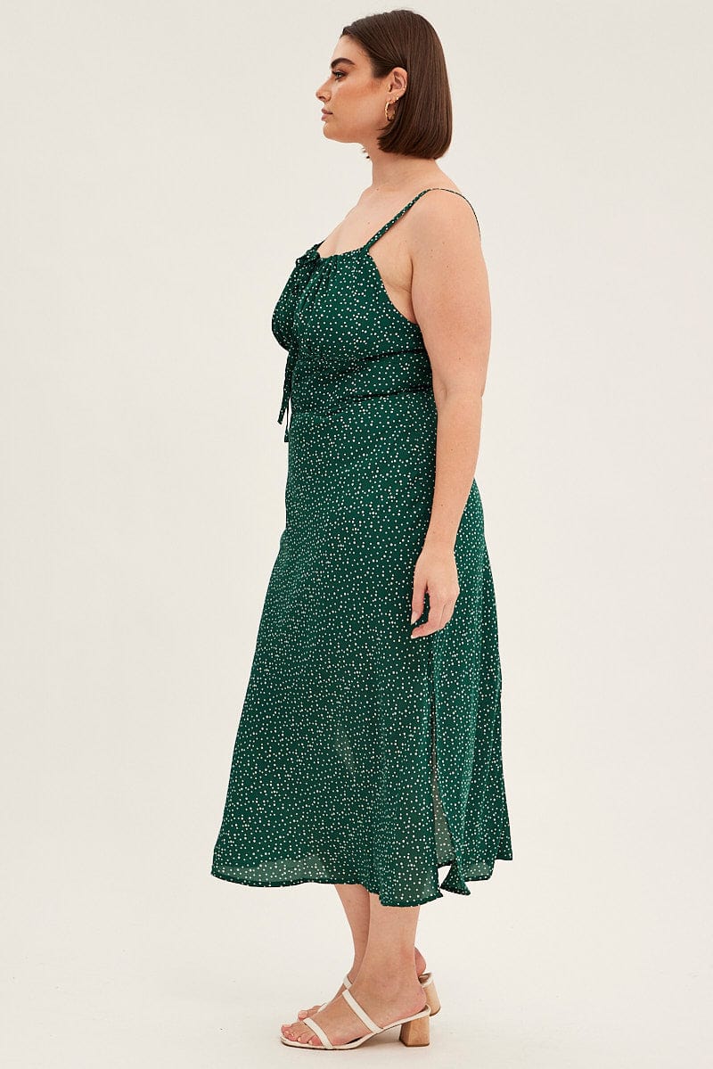 Green Polka Dot Midi Dress Sleeveless Ruched Bust for YouandAll Fashion