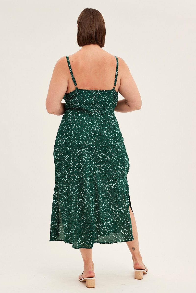 Green Polka Dot Midi Dress Sleeveless Ruched Bust for YouandAll Fashion