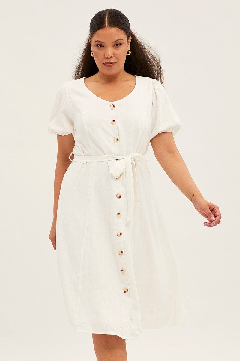 White Midi Dress Button Through Linen Blend for YouandAll Fashion