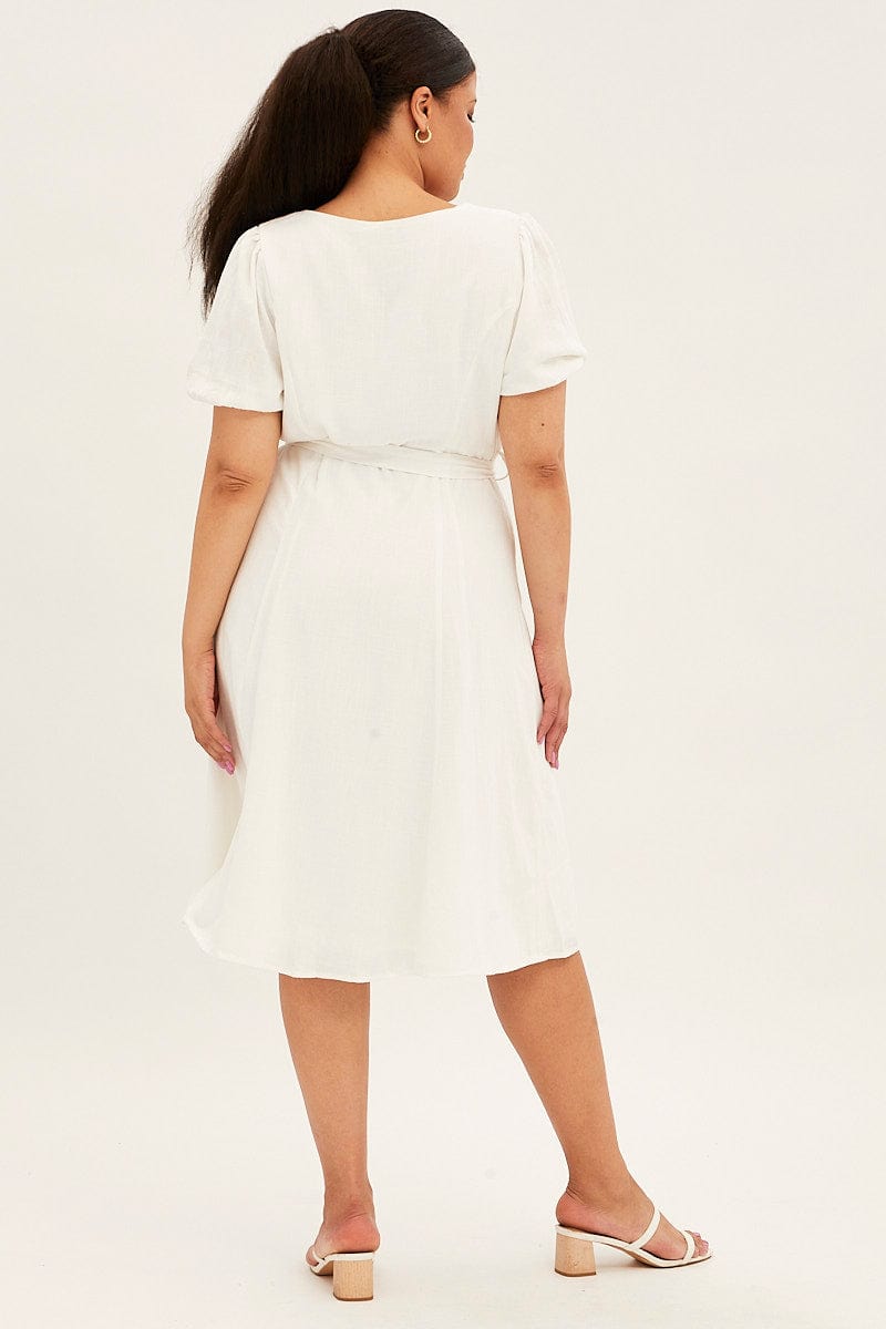 White Midi Dress Button Through Linen Blend for YouandAll Fashion