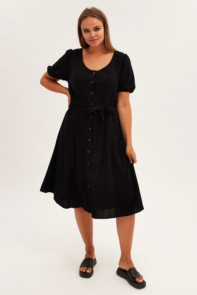 Black Short Sleeve Button Through Linen Blend Midi Dress for YouandAll Fashion