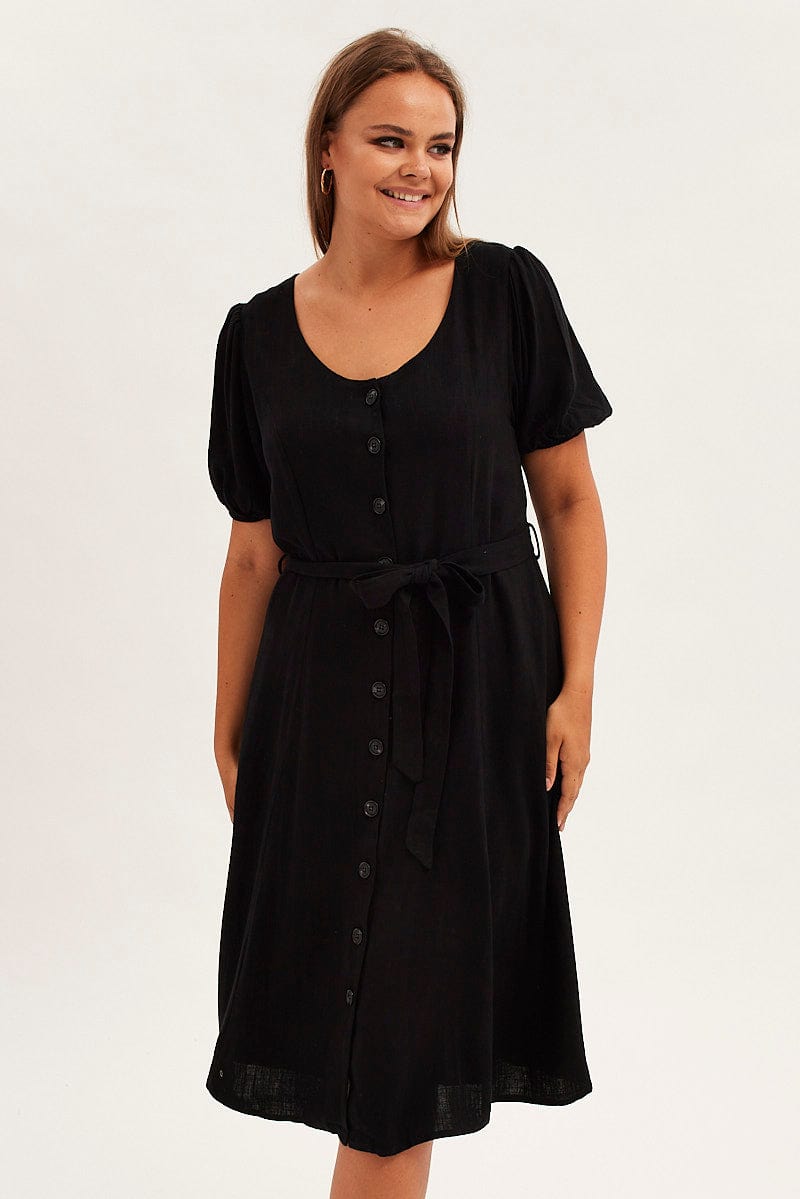 Black Short Sleeve Button Through Linen Blend Midi Dress for YouandAll Fashion