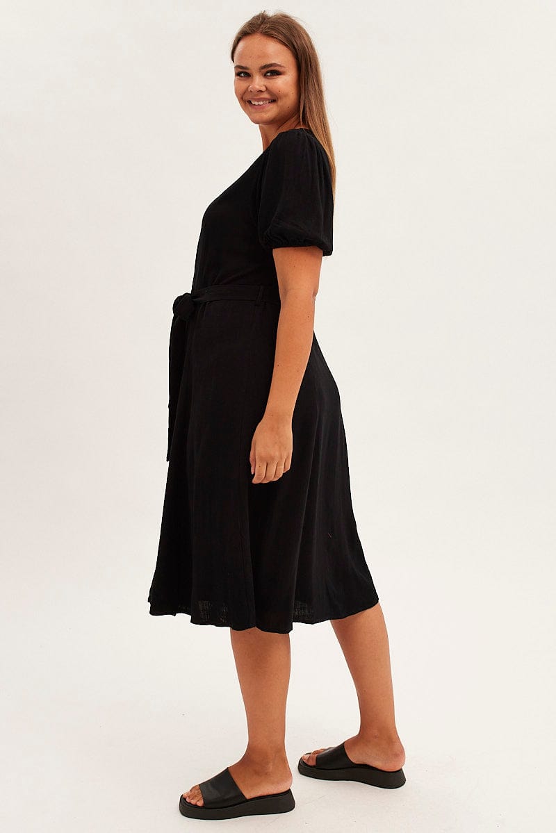 Black Short Sleeve Button Through Linen Blend Midi Dress for YouandAll Fashion