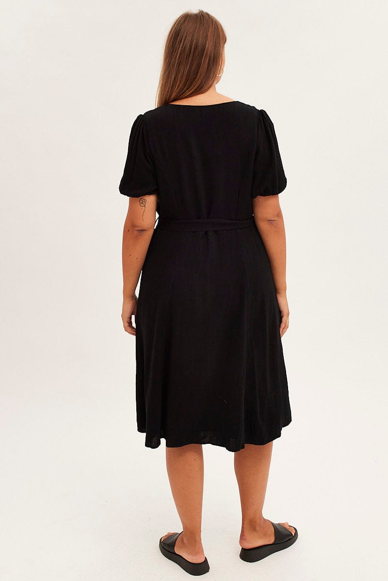 Black Short Sleeve Button Through Linen Blend Midi Dress for YouandAll Fashion