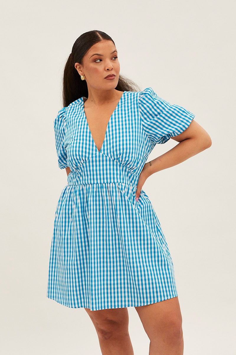 Blue Check Midi Dress Short Puff Sleeve V Neck Gingham for YouandAll Fashion