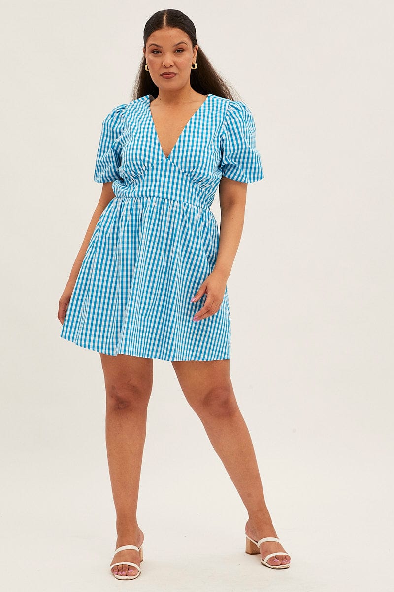 Blue Check Midi Dress Short Puff Sleeve V Neck Gingham for YouandAll Fashion