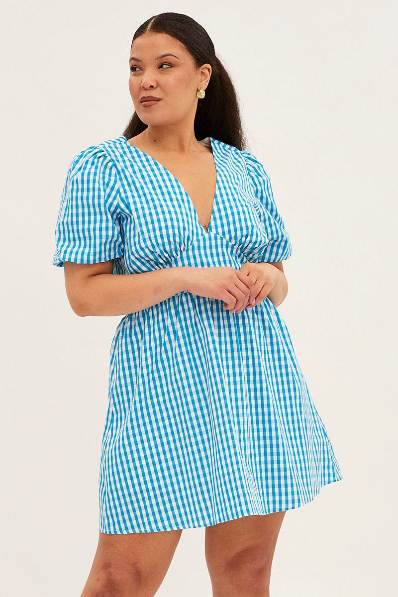 Blue Check Midi Dress Short Puff Sleeve V Neck Gingham for YouandAll Fashion