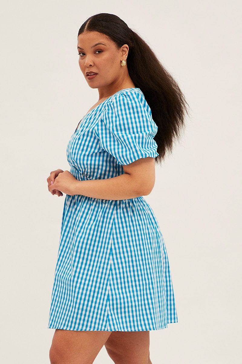 Blue Check Midi Dress Short Puff Sleeve V Neck Gingham for YouandAll Fashion