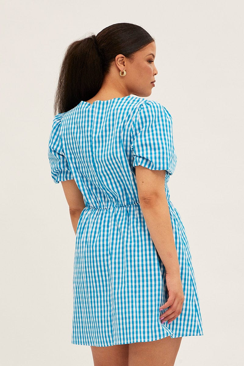 Blue Check Midi Dress Short Puff Sleeve V Neck Gingham for YouandAll Fashion