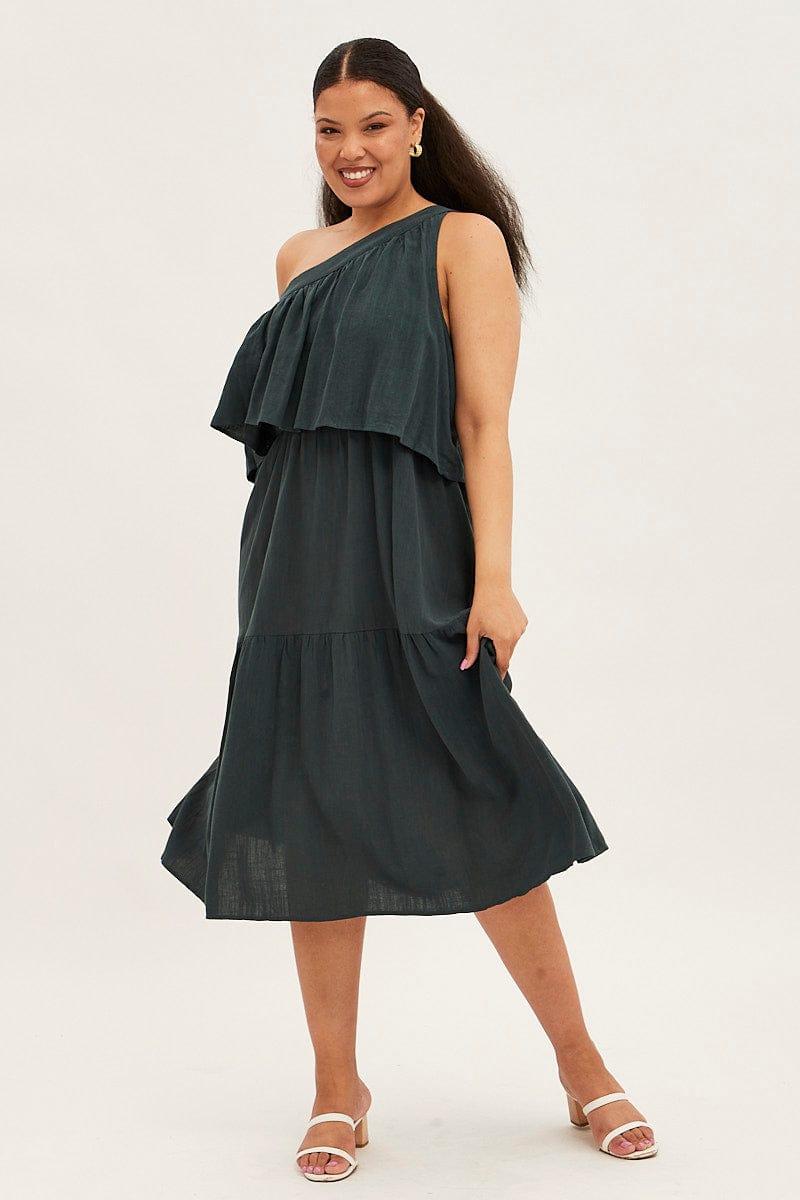 Green Midi Dress One Shoulder Frill Linen Blend for YouandAll Fashion