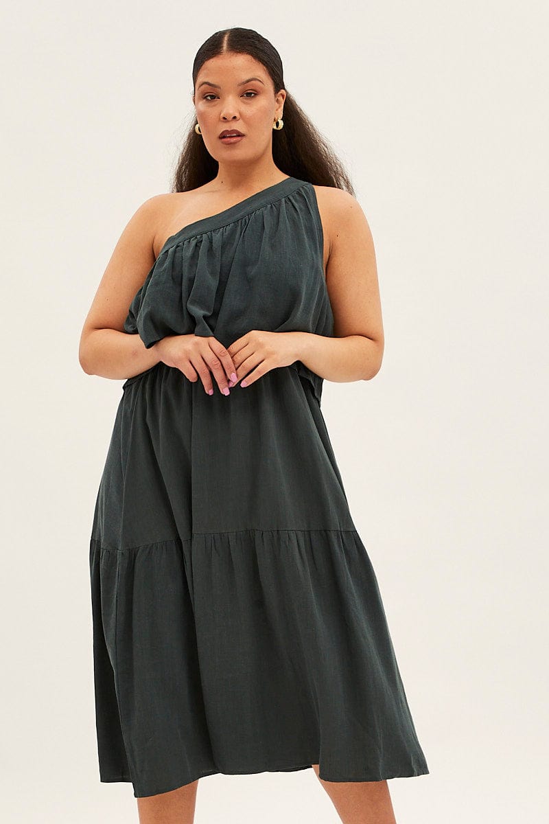 Green Midi Dress One Shoulder Frill Linen Blend for YouandAll Fashion