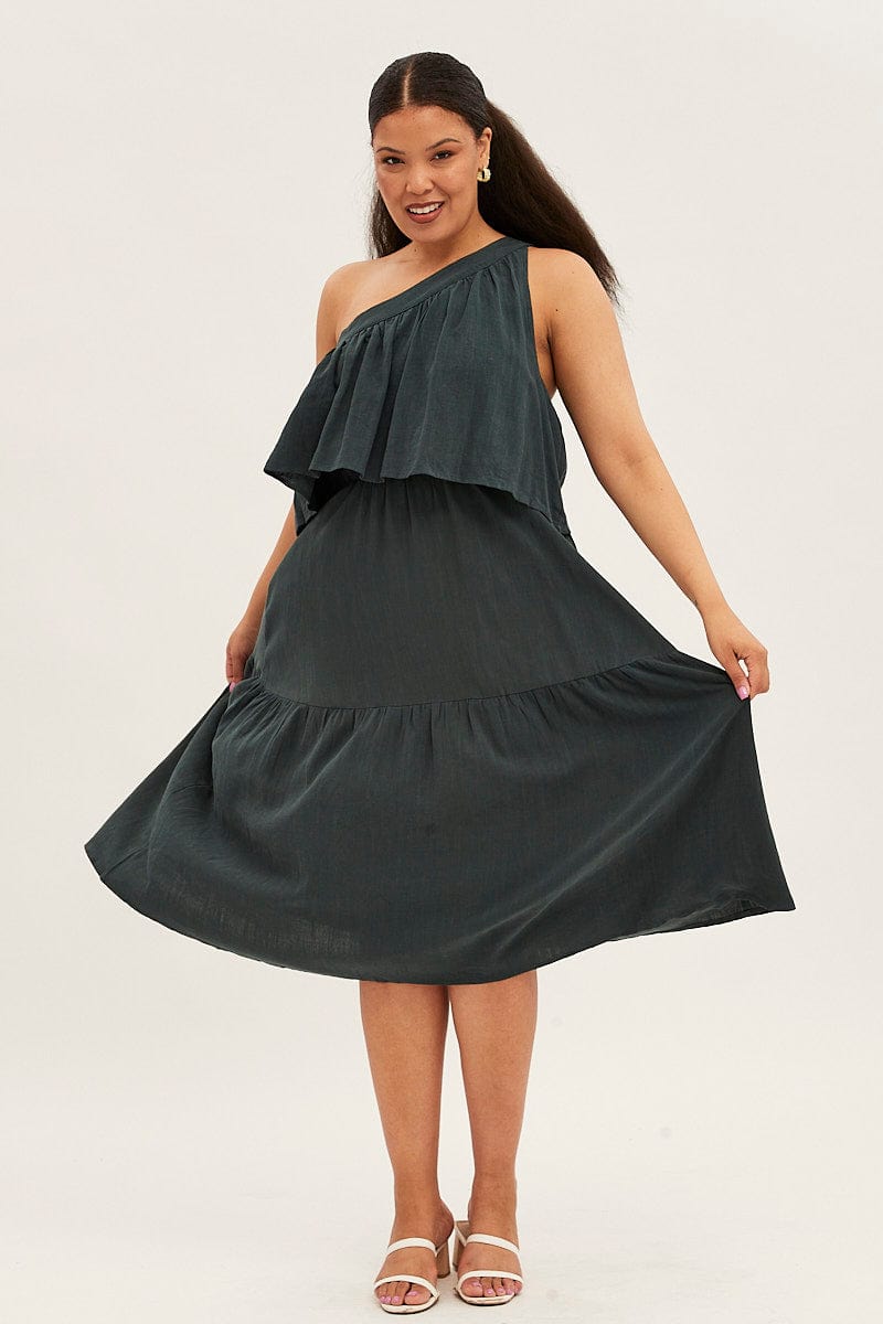 Green Midi Dress One Shoulder Frill Linen Blend for YouandAll Fashion